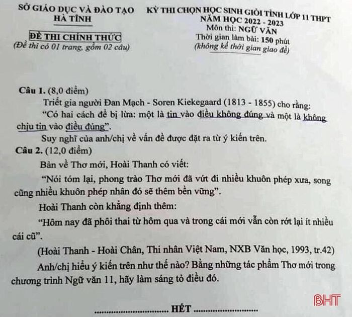 Đề thi chọn học sinh giỏi tỉnh lớp 11 THPT năm học 2022 - 2023 môn Ngữ văn.