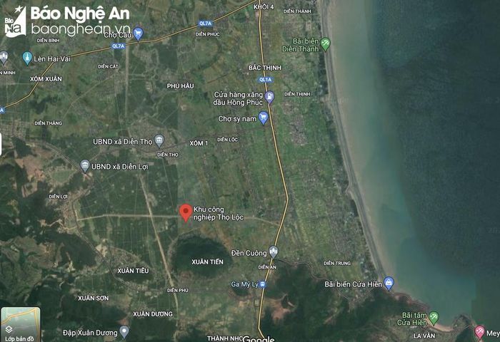 Khu Công nghiệp Thọ Lộc có diện tích gần 1.160ha trên địa bàn các xã: Diễn Thọ, Diễn Lộc, Diễn Phú, Diễn Lợi, Diễn Tân, Diễn Thịnh và Diễn An, huyện Diễn Châu, tỉnh Nghệ An, chia thành 3 khu: A, B, C; trong đó Khu B có diện tích 217,5 ha nằm phía Tây Khu Kinh tế Đông Nam, thuộc địa bàn các xã: Diễn Phú, Diễn Lộc. Ảnh: Google Maps