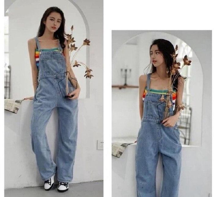 Phối quần yếm cùng với áo 2 dây.