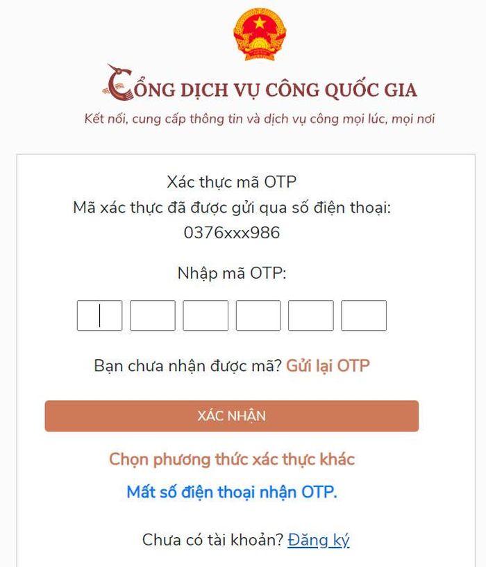 Nhập mã xác thực gửi về số điện thoại đăng ký
