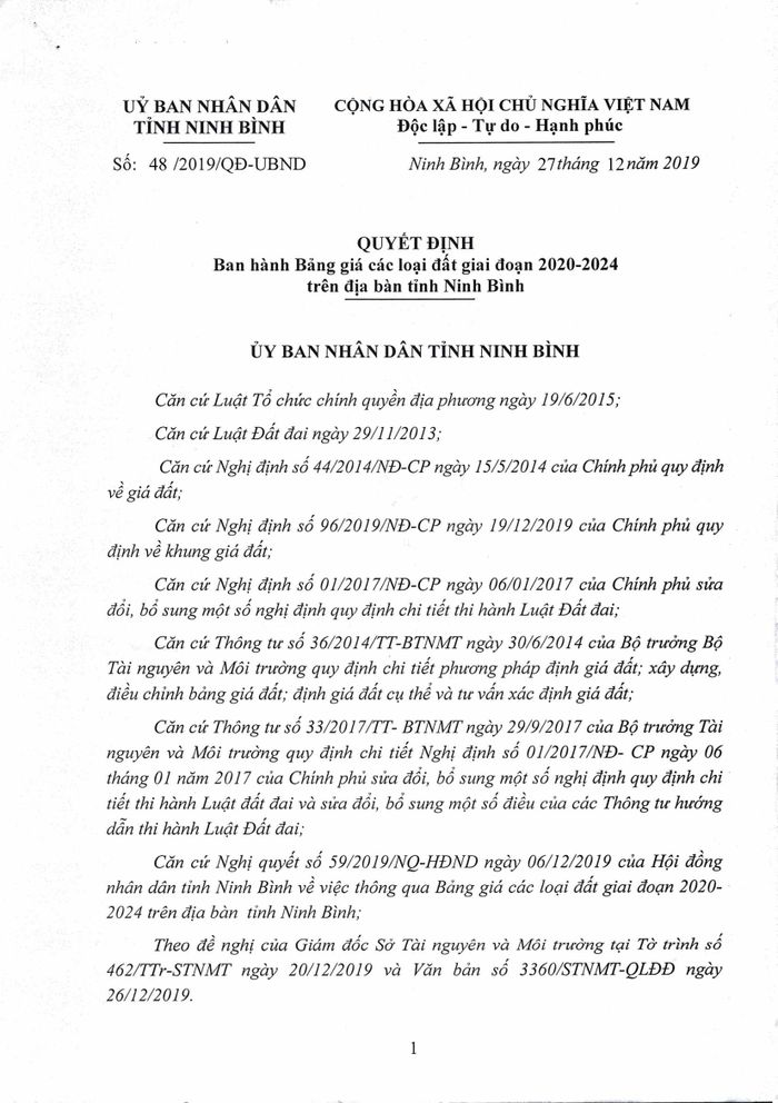 Quyết định 48/2019/QĐ-UBND về Quy định và bảng giá các loại đất trên địa bàn tỉnh Ninh Bình.
