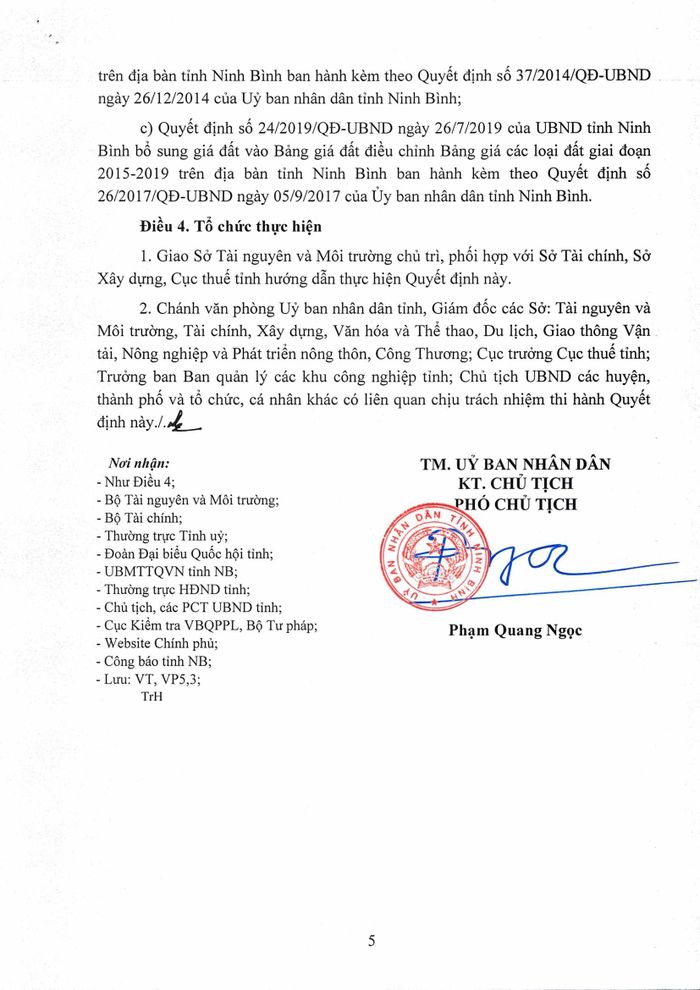 Quyết định 48/2019/QĐ-UBND về Quy định và bảng giá các loại đất trên địa bàn tỉnh Ninh Bình.