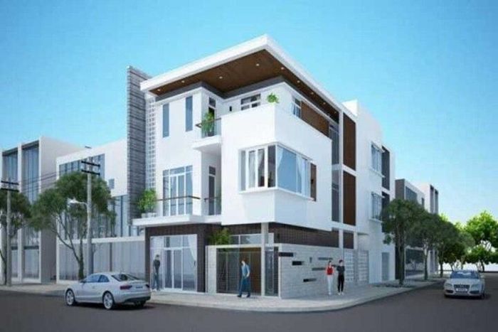 Với lợi thế hai mặt tiền, nhà phố sẽ cực kỳ thoáng đãng. Mặt tiền được ốp gam màu đậm kết hợp những khối bê tông nhỏ đua ra tạo nên sự cân đối chung cho toàn thể không gian. (Ảnh: Xaydungso)