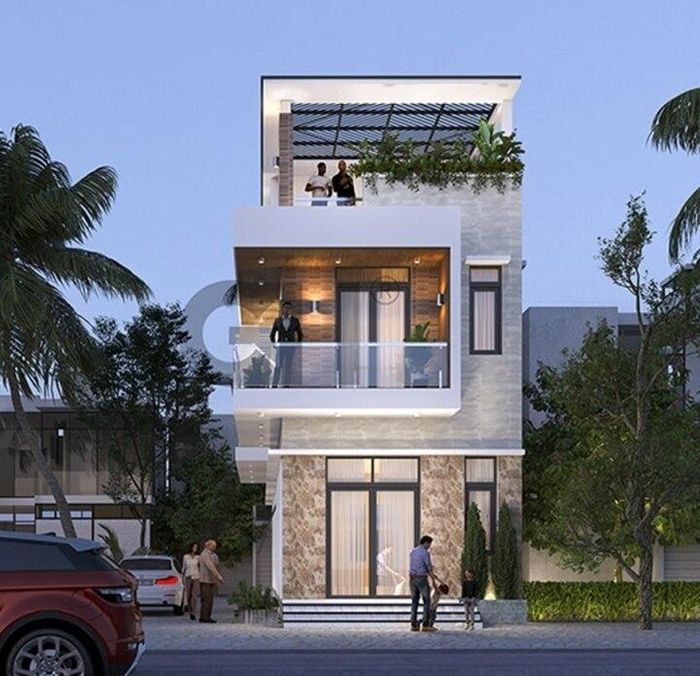Nhà phố 2 tầng 1 tum mang đậm kiến trúc hiện đại. Kiến trúc sư tập trung vào việc làm nổi bật vẻ đẹp của các mảng tường, hạn chế tối đa những chi tiết không cần thiết. (Ảnh: Xaydungcuonggiahieu)