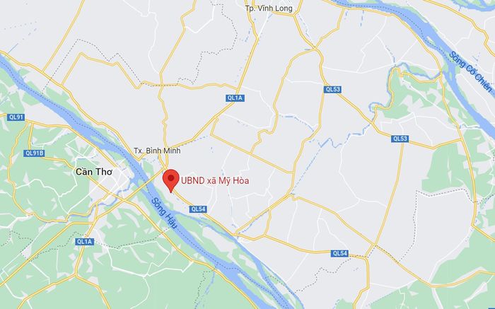  Vị trí làng nghề sản xuất tàu hũ ky xã Mỹ Hòa, thị xã Bình Minh, tỉnh Vĩnh Long (chấm đỏ). Ảnh: Google Maps. 