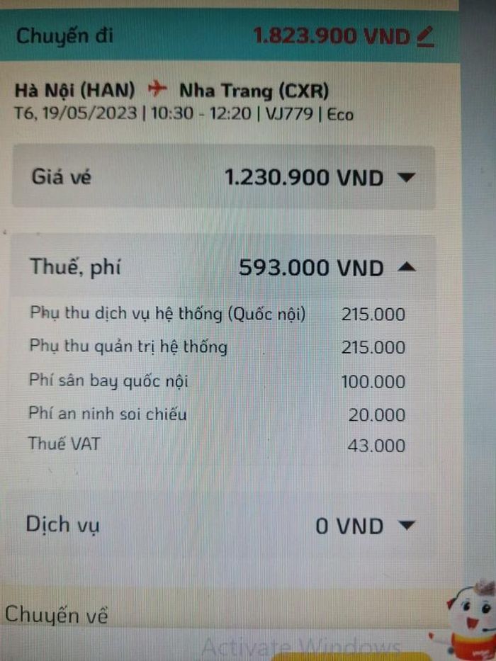 Các khoản thuế, phí trên 1 vé máy bay của Vietjet Air