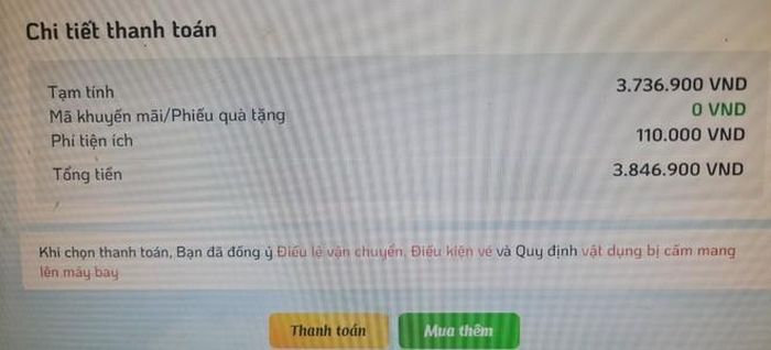 Dù vậy, khi đến bước thanh toán hành khách lại phải trả thêm 110.000 đồng/cặp vé khiến không ít người bức xúc