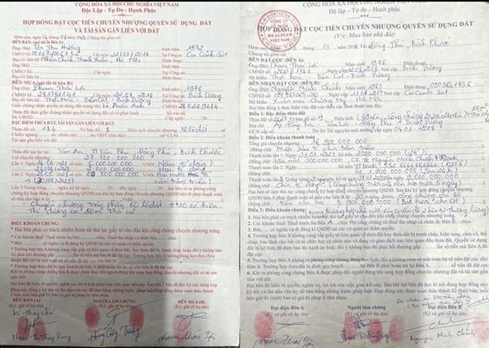 Hợp đồng đặt cọc được ông Thái Lợi ký kết với ông Chính và bà Hương