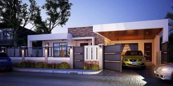 Nhà 1 tầng có gara ô tô là thiết kế hiện đại được nhiều gia chủ lựa chọn. Ngôi nhà gồm 2 cổng, 1 cổng lớn để tiện cho ô tô ra vào gara, 1 cổng nhỏ đủ để người đi. (Ảnh: Homemy)