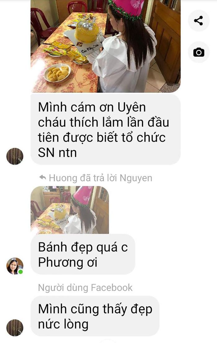Những tin nhắn đặt bánh và cảm ơn món quà đặc biệt của anh Uyên dành tặng các bé.