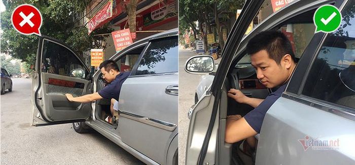 Thao tác mở cửa bên lái bằng tay phải giúp mắt dễ dàng hướng về phía sau để quan sát, đồng thời cánh cửa không bị mở bung rộng ra ngay. (Ảnh minh họa: Hoàng Hiệp)