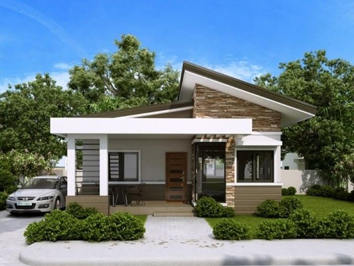 Nhà 1 tầng mái lệch sử dụng tone màu nâu đất chủ đạo. Phần cột nhà thiết kế khá đơn giản, thanh mảnh. Mái nhà lệch, độ dốc lớn, đem lại cảm giác bay bổng, khác biệt cho mẫu thiết kế. (Ảnh: Sieuthimaunha)