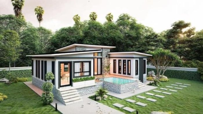 Có lợi thế về không gian và diện tích, nhà 1 tầng mái lệch chữ L thiết kế thêm hồ bơi và sân vườn đẹp mắt. (Ảnh: Noithattugia)