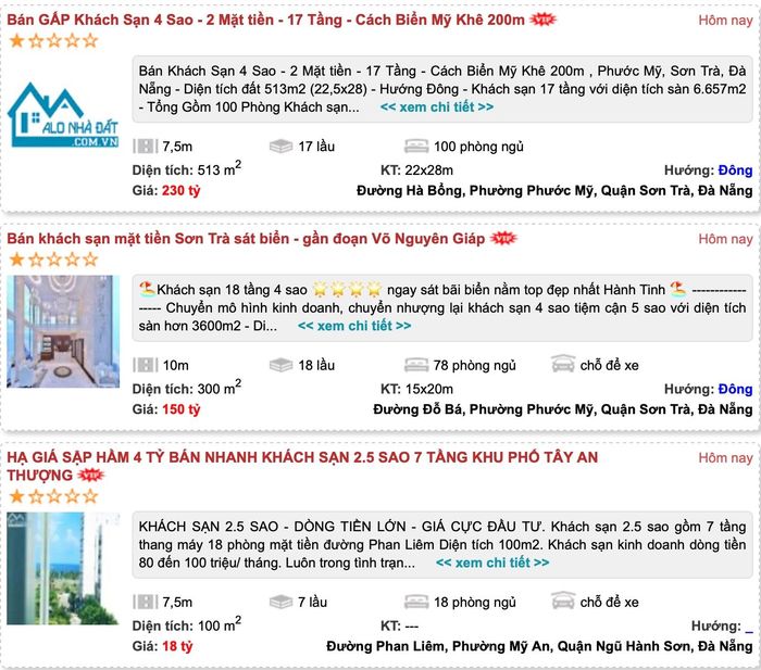 Ồ ạt rao bán khách sạn tại Đà Nẵng. Nguồn ảnh: alonhadat.com.vn