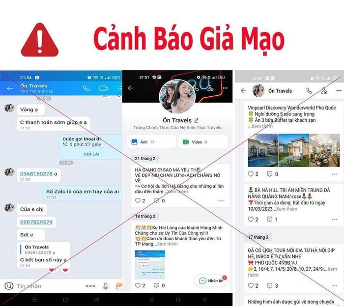Một công ty du lịch cảnh báo về việc đối tượng mạo danh công ty của mình để lừa đảo. Ảnh: Danangopentour.vn