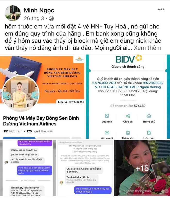 Các đối tượng mạo danh đại lý bán vé máy bay, tự tạo ra trang mạng xã hội với địa chỉ đường dẫn, thiết kế tương tự kênh của các hãng hoặc đại lý chính thức. Sau đó chúng quảng cáo với các mức giá rất hấp dẫn so với mặt bằng chung để thu hút khách hàng. Ảnh: Minh Ngọc
