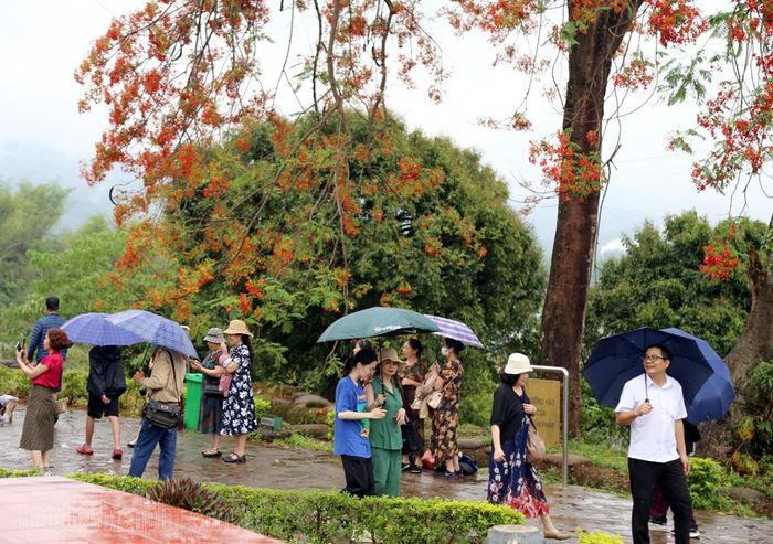 Trời mưa nhẹ không cản được du khách trong hành trình khám phá, tham quan các điểm di tích.