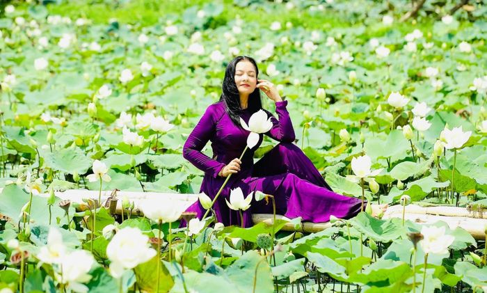 Nữ diễn viên Thu Quế đặc biệt yêu thích hoa sen nên thường xuyên có những bộ hình chụp cùng sen.