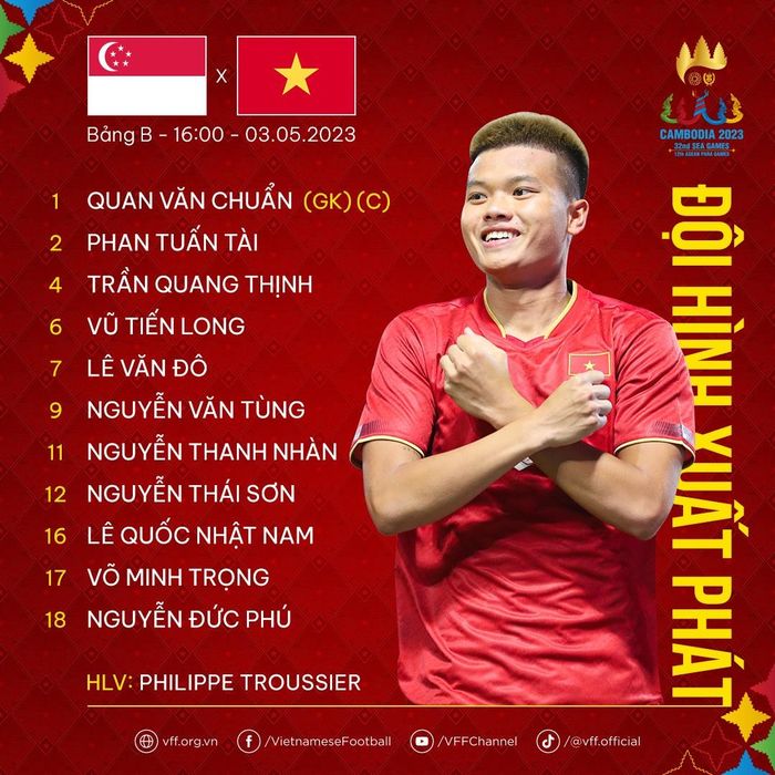 11 cái tên trong đội hình xuất phát ở trận gặp Singapore. Ảnh: VFF.