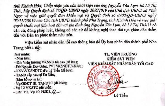 Thông báo của Viện KSND tối cao khẳng định không có căn cứ kháng nghị bản án HCPT của TAND cấp cao tại Đà Nẵng.