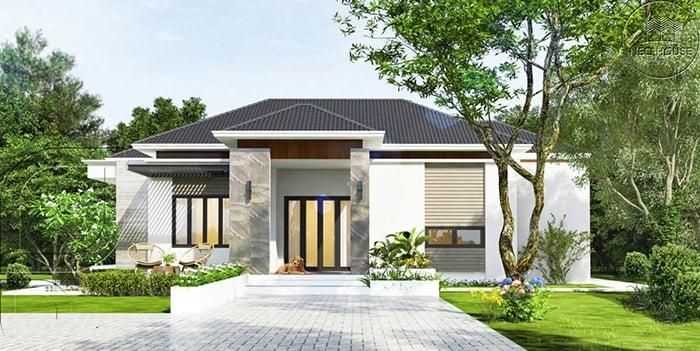 Nhìn vào phối cảnh mặt tiền của ngôi nhà, chúng ta có thể thấy kiến trúc sư đã thiết kế các chi tiết rất sắc nét, từ thân tường, hệ thống mái cho tới màu sắc phối. Thể hiện sự hài hòa, trang nhã và gần gũi. Tính thống nhất về màu sắc và phong cách đem lại tính thẩm mỹ và ấn tượng cho tổng thể kiến trúc.