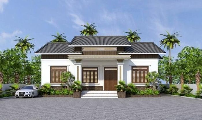 Được xây dựng trên diện tích khá rộng, mẫu nhà này thiết kế theo kiểu 3 gian mang hơi thở truyền thống. Việc thiết kế nhà 3 gian có nhiều cửa sổ, không gian mở tạo sự thoáng mát bên trong, đặc biệt phần mái giật cấp mang lại sự khác biệt.