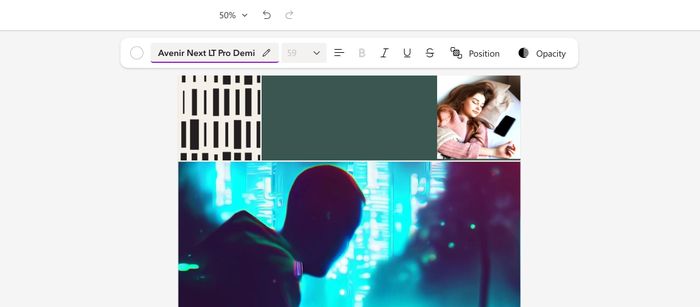  Những tính năng biên tập còn lại của Microsoft Designer khá đơn giản. Các tính năng chỉnh kích cỡ, màu sắc font chữ, thay đổi vị trí hoặc thêm hiệu ứng cho ảnh có thể thực hiện thông qua toolbar phía trên màn hình. 