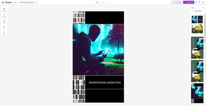  Giao diện thiết kế của Microsoft Designer khá đơn giản. Template được chọn sẽ hiện chính giữa, các template tương tự nằm bên phải (Design Ideas), trong khi sidebar bên trái và toolbar phía trên chứa các công cụ tùy chỉnh cơ bản. 