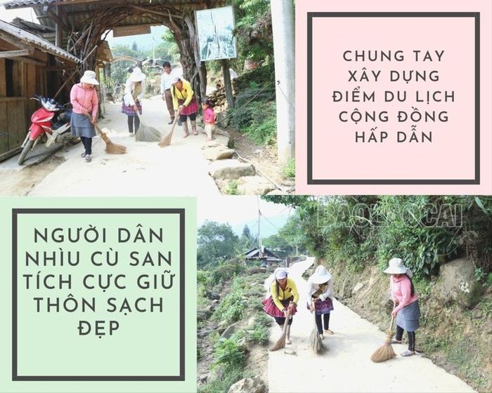 Đồng bào Mông dọn vệ sinh đường thôn sạch sẽ tạo ấn tượng đẹp với du khách đến Nhìu Cù San.