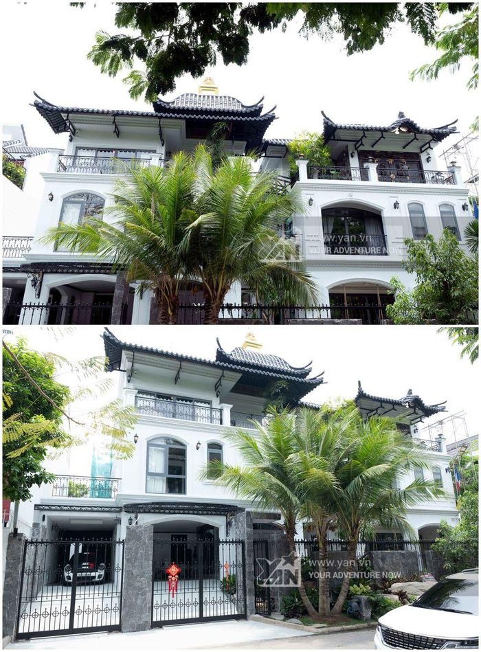 Nhìn từ bên ngoài không gian biệt thự đã rất hoành tráng, rộng lớn.
