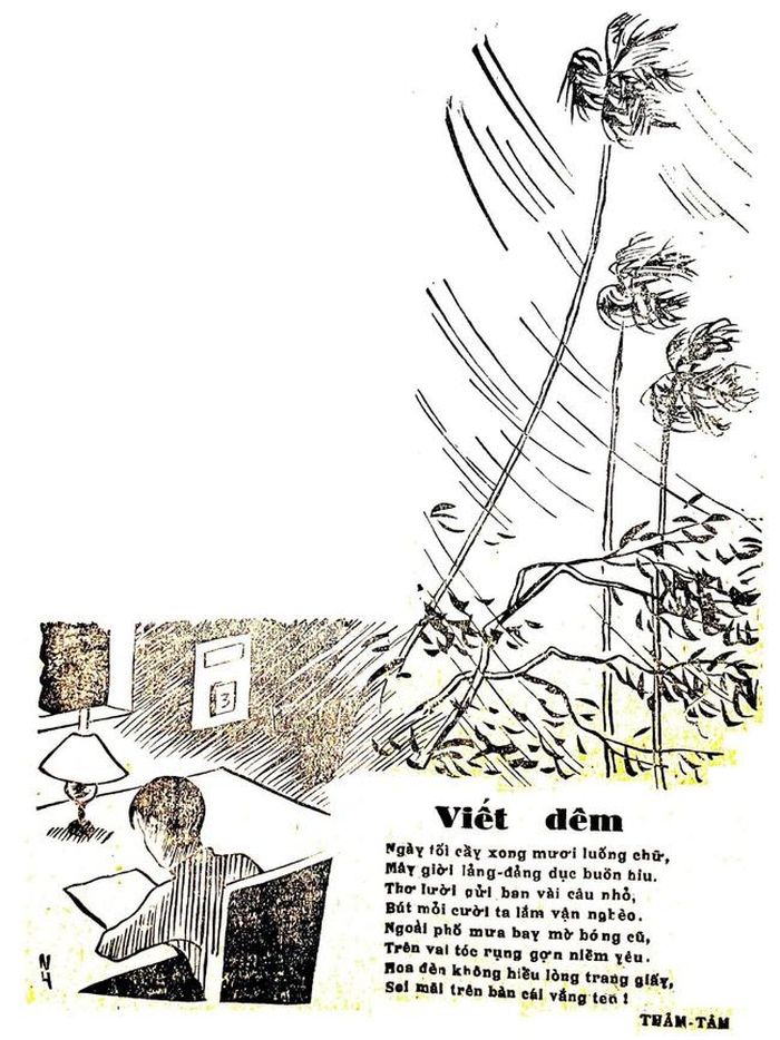 Minh họa và bài thơ “Viết đêm” của Thâm Tâm trên Tiểu thuyết thứ bảy số 488, ngày 20/11/1943