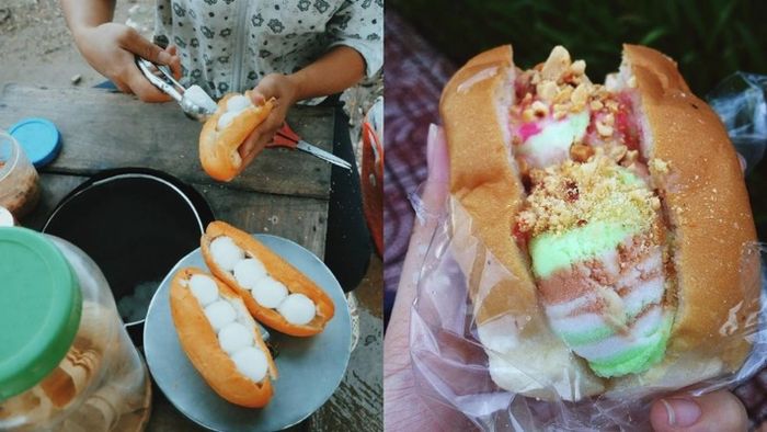 Tuổi thơ với kỷ niệm lê la hàng quán chắc hẳn sẽ không thể quên bánh mì kẹp kem. Một diều dễ dàng nhìn thấy được là món bánh mì kẹp kem có 1 sự dân dã rất khó tả, rắc thêm ít đậu phộng rang giã nhuyễn và sữa đặc thế là đã có ngay món ăn vặt.