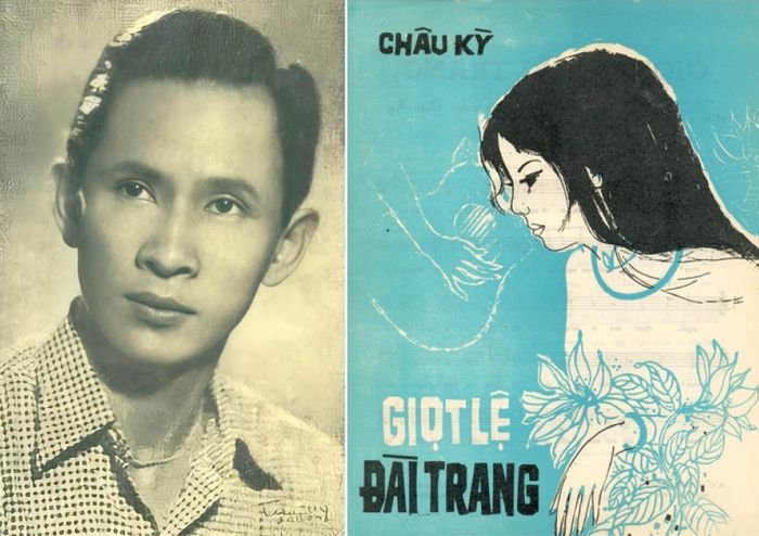 Nhạc sĩ Châu Kỳ và bìa bản nhạc Giọt lệ đài trang phát hành vào năm 1970. Ảnh: TL.
