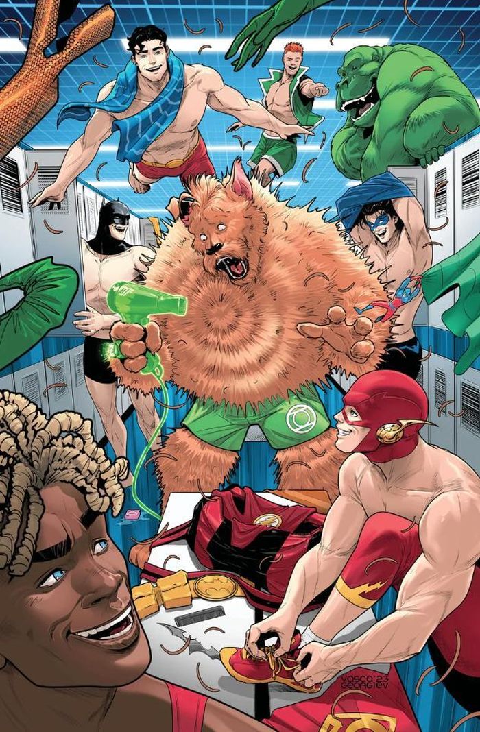  Flash, Batman, Nightwing và nhiều siêu anh hùng khác đang vây quanh nhân vật trung tâm là G’nort. 