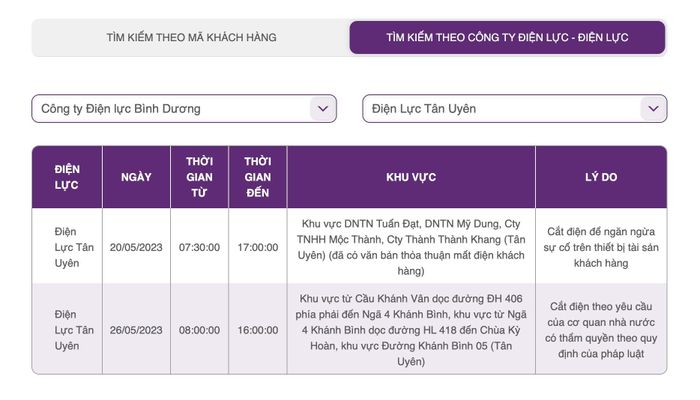Lịch cắt điện của một khu vực tại Bình Dương trên website của EVNSPC.