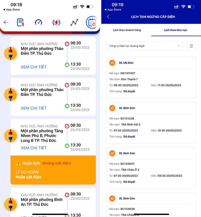 Lịch cắt điện cập nhật trên ứng dụng CSKH EVNHCMC (trái) và EVNCPC CSKH.