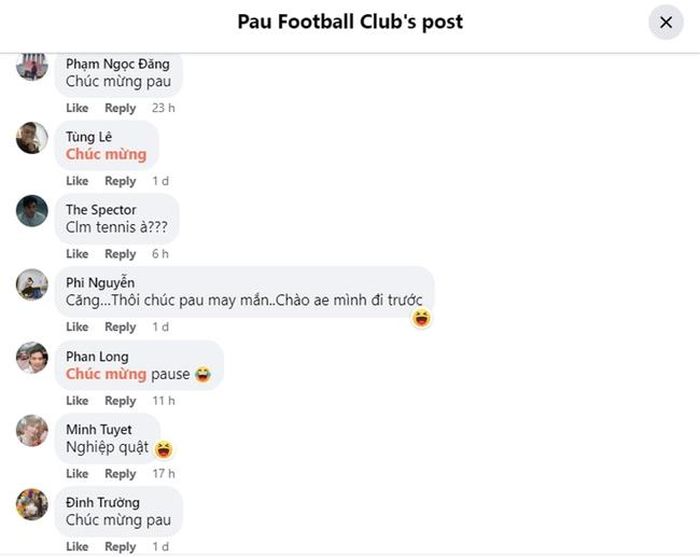 CĐV Việt Nam mỉa mai Pau FC bằng một loạt bình luận chúc mừng