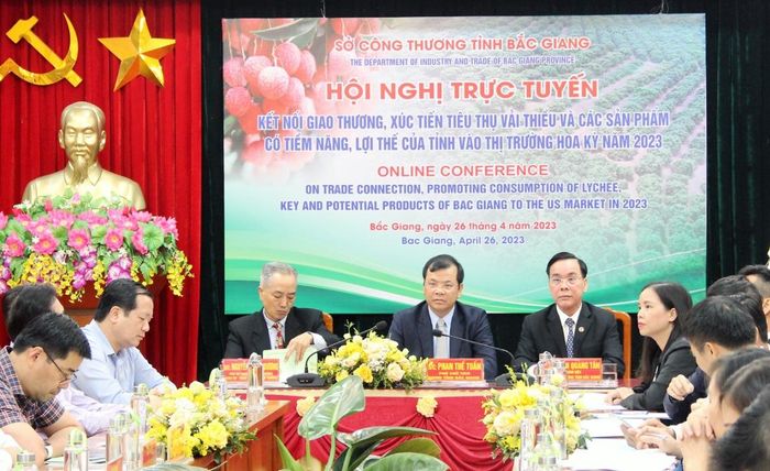 Hội nghị trực tuyến kết nối giao thương, xúc tiến tiêu thụ vải thiều và các sản phẩm có tiềm năng, lợi thế của tỉnh vào thị trường Hoa Kỳ năm 2023 do Sở Công Thương tỉnh Bắc Giang tổ chức.