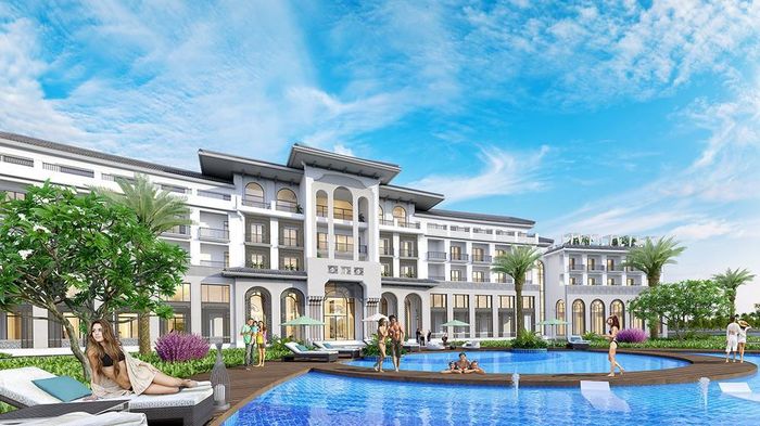 Quần thể khách sạn cùng với một hồ bơi lớn. Ảnh: Phối cảnh dự án