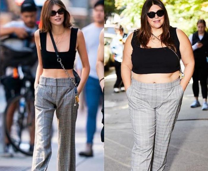 Mặc nguyên set đồ của street style Kaia Gerber, Katie một lần nữa chứng minh kích cỡ không là nguyên nhân ngăn cản bạn ăn mặc thời trang.