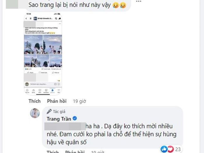 Bị một số cư dân mạng "bóc" điểm không hợp lý trong đám cưới, nữ người mẫu lên tiếng. Trang Trần chia sẻ: "Dạ đây không thích mời nhiều nhé. Đám cưới không phải là chỗ để thể hiện sự hùng hậu về quân số". Ảnh chụp màn hình.