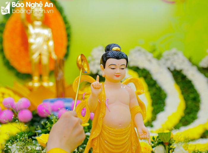 Tắm Phật là nghi thức tưới nước thơm lên tượng Phật sơ sinh, ngoài mục đích kỷ niệm Phật Đản sinh còn mang ý nghĩa sâu sắc về sự tẩy trừ phiền não, hướng đến thanh tịnh ba nghiệp thân - khẩu - ý của con người. Ảnh: Huy Thư