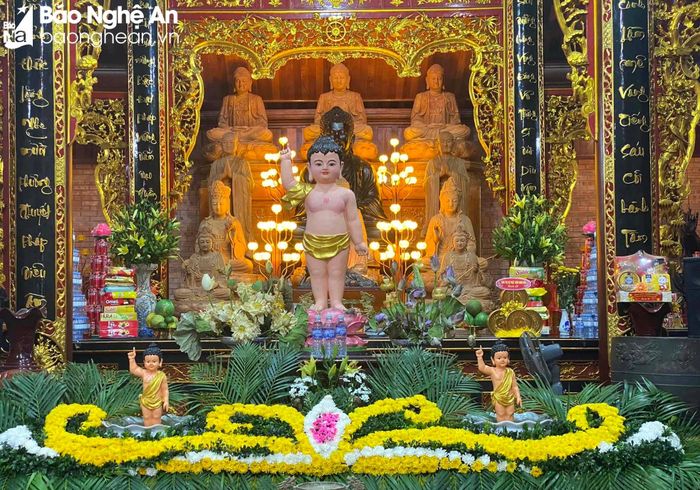 Đặc biệt bàn thờ Phật ở các đàn tràng, các chùa được bà con phật tử trang trí chăm chút, công phu, trong đó bàn tắm Phật đều tôn trí tượng Phật Đản sinh nổi bật giữa muôn sắc hoa với tâm nguyện cao đẹp hướng về đức Thế Tôn. Ảnh: Huy Thư