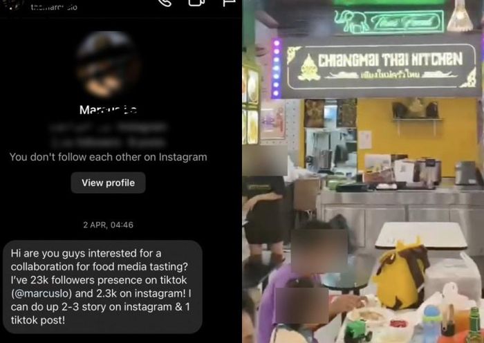  Nhà hàng Chiang Mai Thai Kitchen (Singapore) (phải) chia sẻ ảnh tin nhắn ngỏ lời hợp tác từ phía TikToker Marcus Lo (trái). Ảnh: Asia One. 
