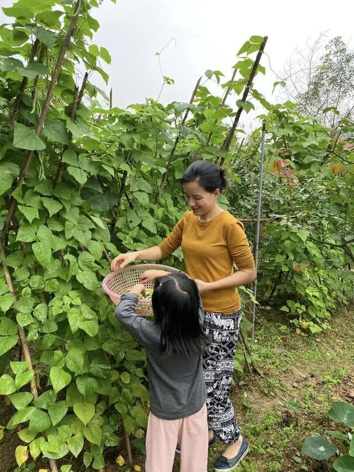 Minh Trang sắp xếp lịch trình để cùng gia đình có mặt thường xuyên ở trang trại. Tại đây, cô trải nghiệm cuộc sống của một nông dân chính hiệu, từ cuốc đất trồng cây, bón phân, nuôi gà... Các con của Minh Trang cũng hào hứng mỗi lần theo mẹ bỏ phố về rừng