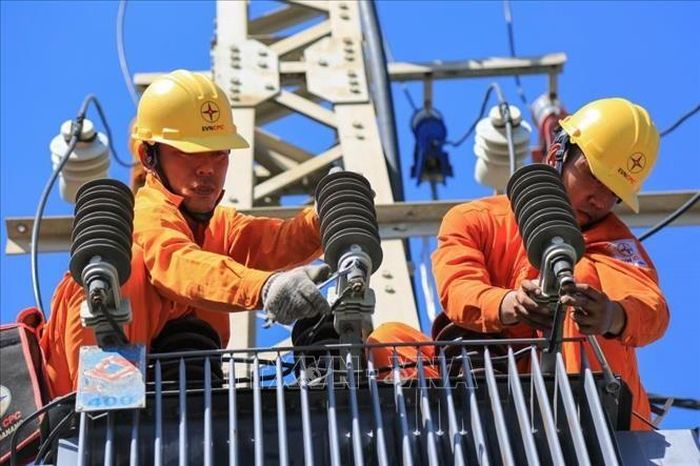 Công nhân Công ty TNHH MTV Điện lực Đà Nẵng vệ sinh bát sứ trên hệ thống truyền tải. Ảnh: TTXVN
