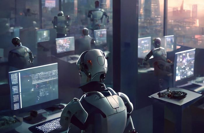 Hình ảnh robot làm việc trong tòa soạn được tạo bằng ứng dụng hỗ trợ AI Midjourney. Ảnh: reuters