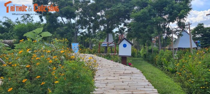 Du khách lạc bước trên những con đường quanh co được ghép bằng tre, tô điểm bởi nhiều tiểu cảnh và các loài hoa dại.