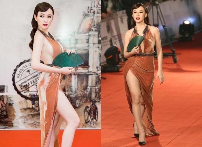  Xuất hiện trên thảm đỏ một sự kiện, Angela Phương Trinh gây ấn tượng với bộ cánh cắt xẻ táo bạo. Tuy nhiên người đẹp bị "dìm" thê thảm với thân hình kém thon gọn, đôi chân to khác xa với những tấm ảnh cô tự đăng trước đó.