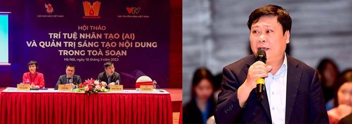 Tổng Biên tập Báo Tuyên Quang Mai Đức Thông phát biểu tại Hội thảo Trí tuệ nhân tạo AI và quản trị sáng tạo nội dung trong tòa soạn do Hội Nhà báo Việt Nam phối hợp với Đài Truyền hình Việt Nam tổ chức (ngày 18/3/2023).